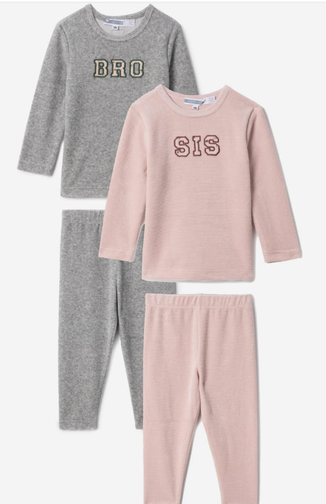 2025 thin ribbed velour fragile BRO/SIS pjs 3m-12m footie 18m-12yrs 2pc