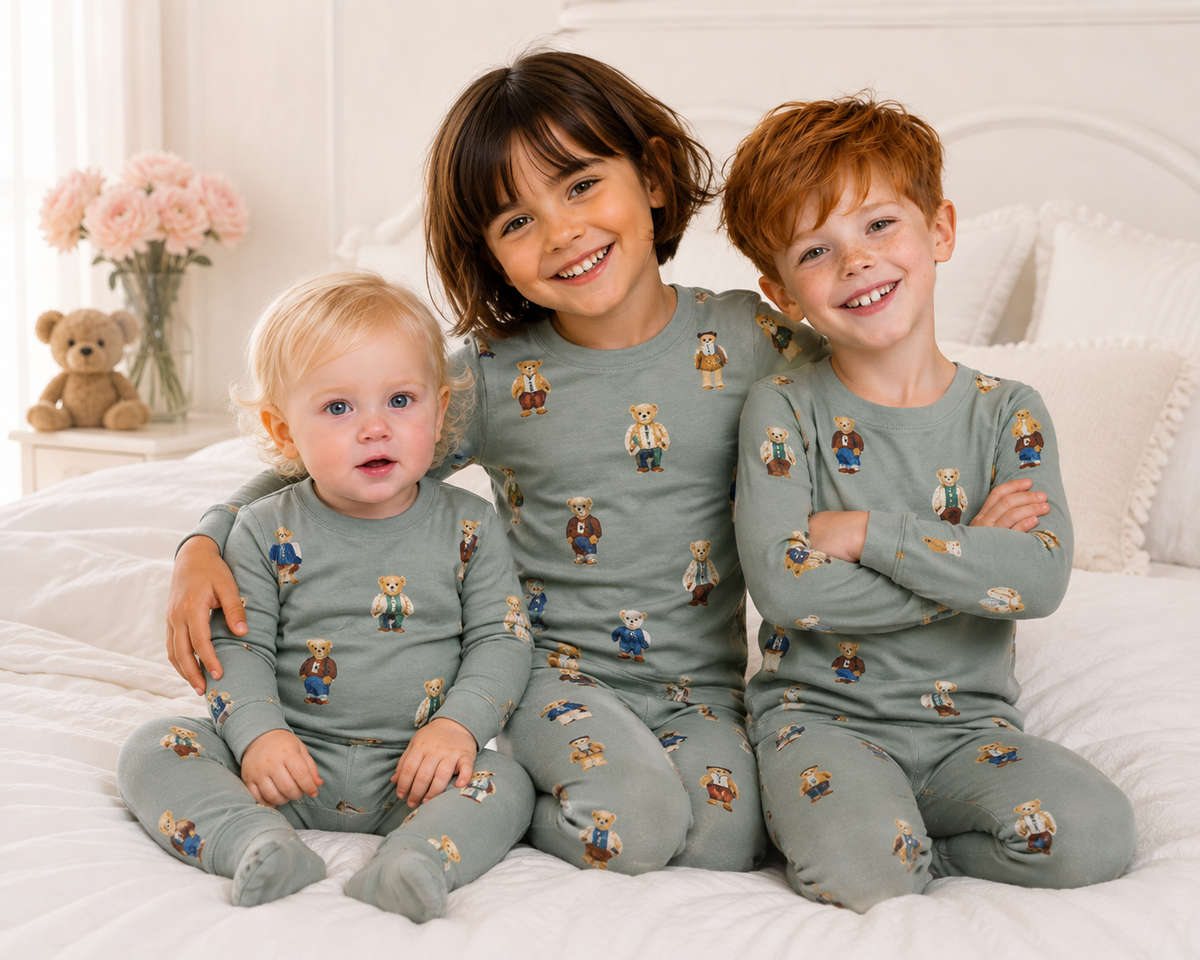 **2026 🤍FALL NEW CREW teddy bear crew round neck style PJS 3m-12m footie 18m - 14 yrs 2pc pjs