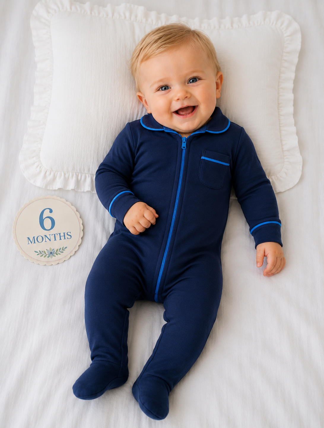 SALE bamboo HUSH SLEEPWEAR navy blue with blue trim 3m 6m 9m footie