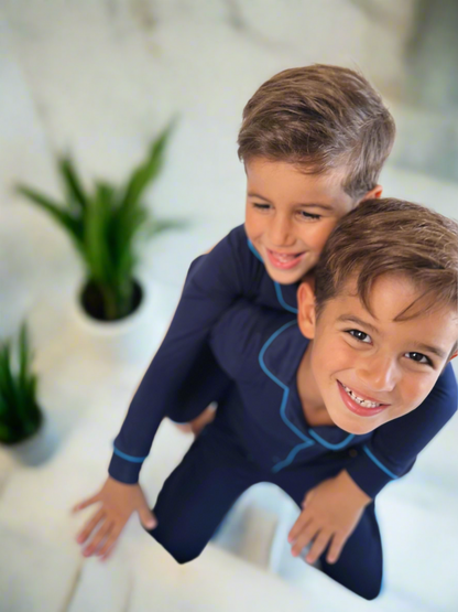 2025 new bamboo HUSH SLEEPWEAR navy blue with bright blue trim 12m-14yrs. 2pc pjs