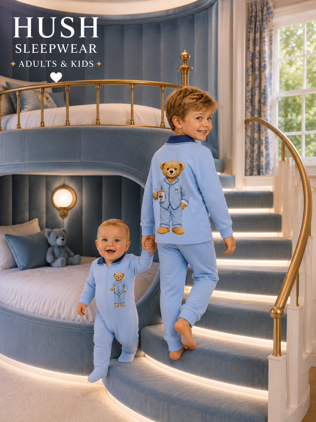 ✨2026 new Hush kids sleepwear grandpa style super soft BAMBOO cotton pjs BLUE/ light Blue 12m-16yrs