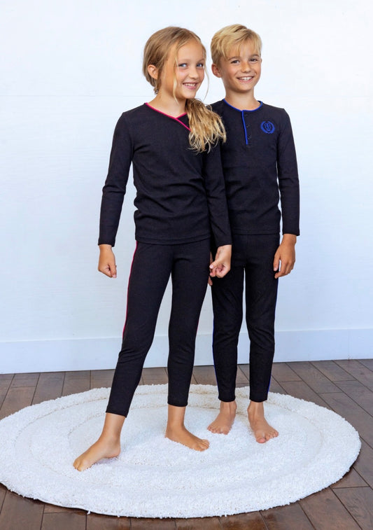 2026 NEW arrivals Noggi cozy cotton black with blue or pink trim PJS 3m-12m footie 18m -18yrs 2pc pjs