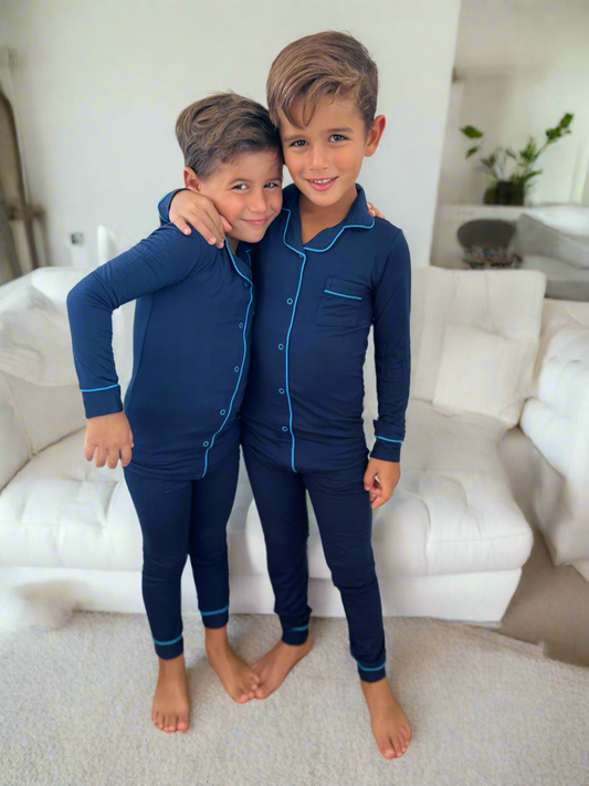 2025 new bamboo HUSH SLEEPWEAR navy blue with bright blue trim 12m-14yrs. 2pc pjs