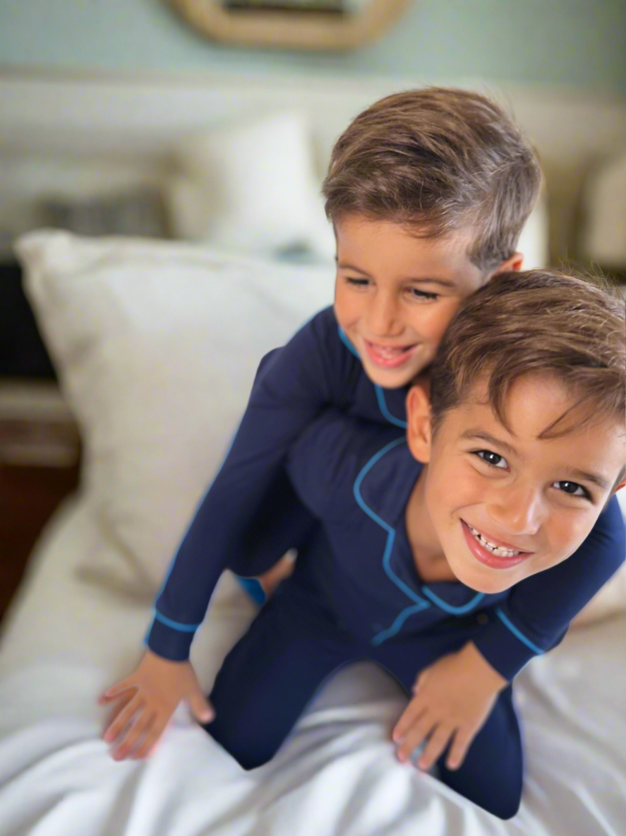2025 new bamboo HUSH SLEEPWEAR navy blue with bright blue trim 12m-14yrs. 2pc pjs