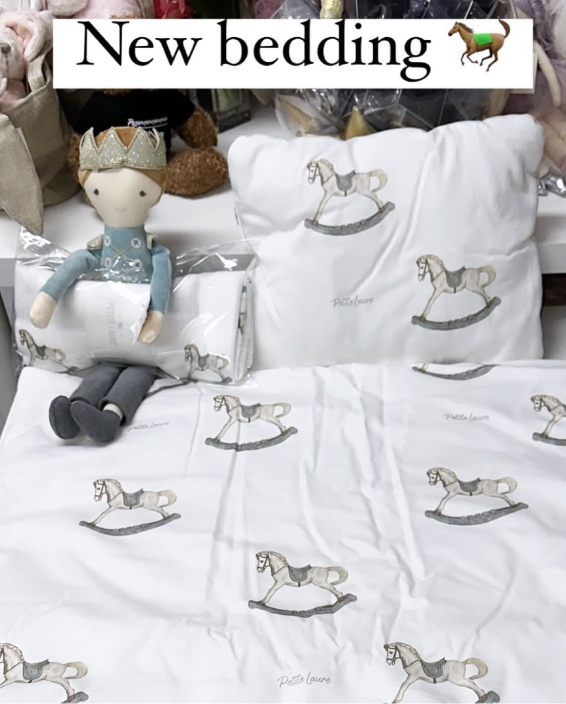NEWBORN toddler bedding rocking horse comforter & pillow set comes in a gift bag