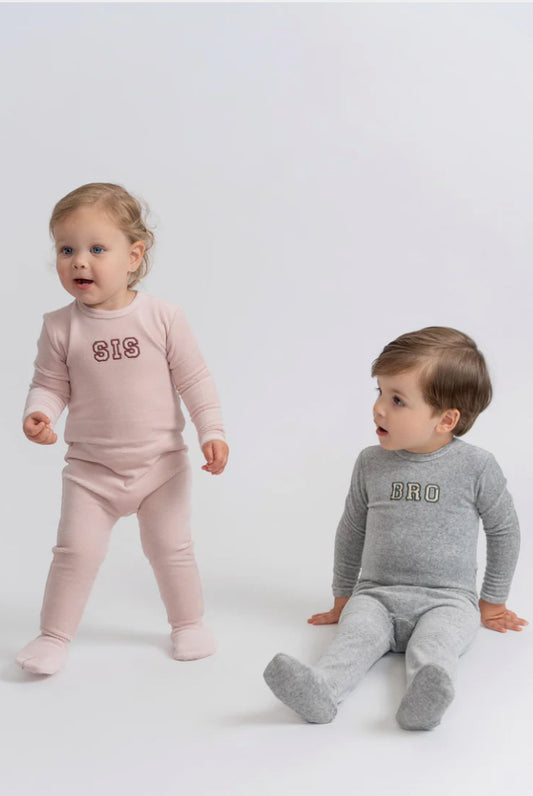 2025 thin ribbed velour fragile BRO/SIS pjs 3m-12m footie 18m-12yrs 2pc