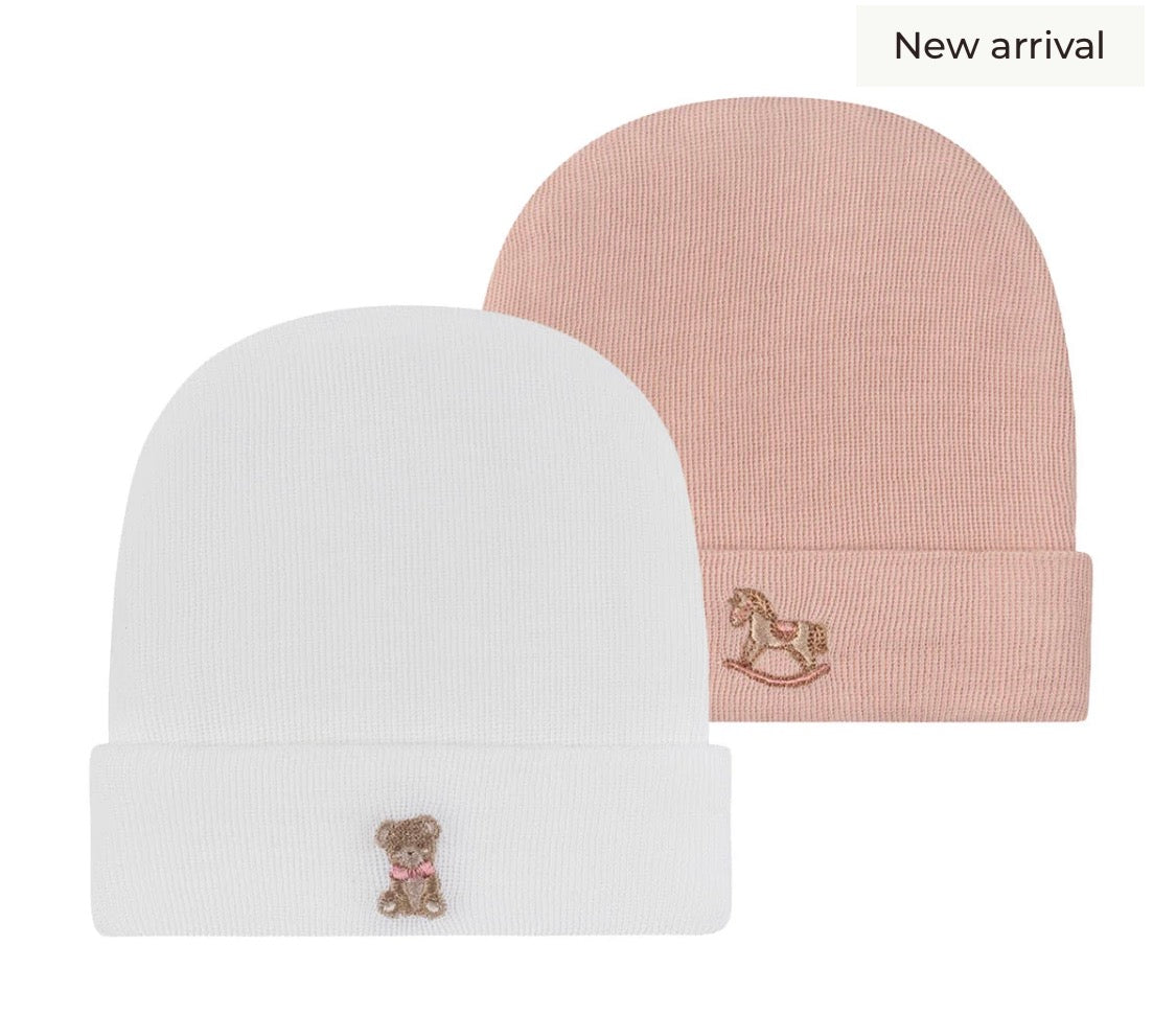 Hospital Hats – Bear and Rocking Horse  pink & white 2pk