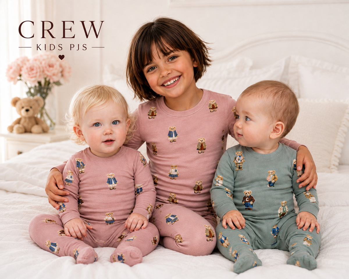 **2026 🤍FALL NEW CREW teddy bear crew round neck style PJS 3m-12m footie 18m - 14 yrs 2pc pjs