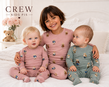 **2026 🤍FALL NEW CREW teddy bear crew round neck style PJS 3m-12m footie 18m - 14 yrs 2pc pjs
