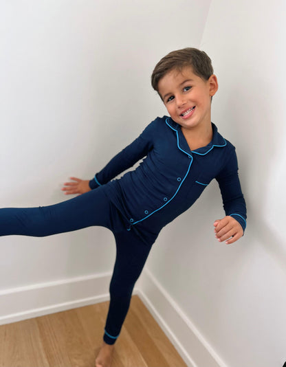 2025 new bamboo HUSH SLEEPWEAR navy blue with blue trim 3m 6m 9m footie