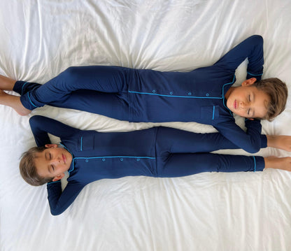 2025 new bamboo HUSH SLEEPWEAR navy blue with bright blue trim 12m-14yrs. 2pc pjs