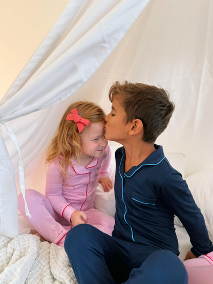 2025 new bamboo HUSH SLEEPWEAR navy blue with bright blue trim 12m-14yrs. 2pc pjs