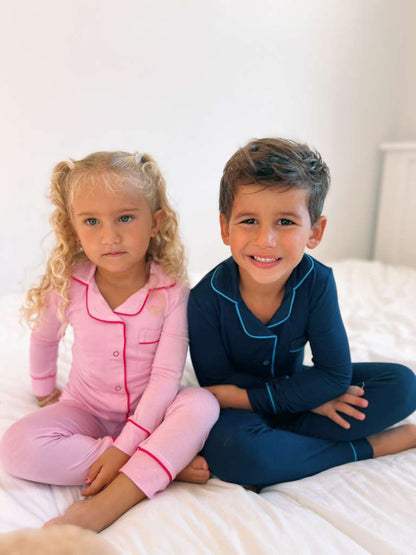 2025 new bamboo HUSH SLEEPWEAR navy blue with bright blue trim 12m-14yrs. 2pc pjs