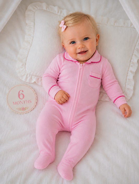 bamboo HUSH SLEEPWEAR pink with hot pink trim 3m 6m 9m footie