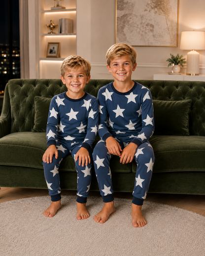 2026 new HUSH SLEEPWEAR 🤍 bamboo cotton ✨blue star narrow fit ✨pink heart regular  2pc crew neck pjs 18m-16yrs   FINAL SALE! (Size 5 pink hearts printed upside down on top only)
