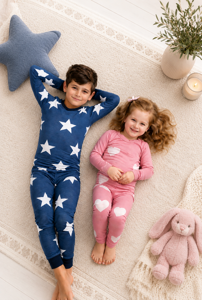 2026 new HUSH SLEEPWEAR 🤍 bamboo cotton ✨blue star narrow fit ✨pink heart regular  2pc crew neck pjs 18m-16yrs   FINAL SALE! (Size 5 pink hearts printed upside down on top only)