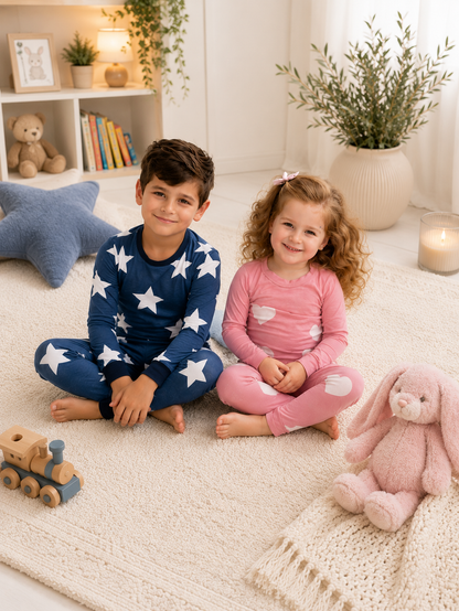 2026 new HUSH SLEEPWEAR 🤍 bamboo cotton ✨blue star narrow fit ✨pink heart regular  2pc crew neck pjs 18m-16yrs   FINAL SALE! (Size 5 pink hearts printed upside down on top only)