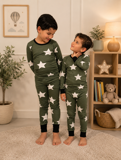 2026 new HUSH SLEEPWEAR 🤍 bamboo cotton ✨green star narrow/slim fit ✨ 2pc crew neck pjs 18m-16yrs. FINAL SALE